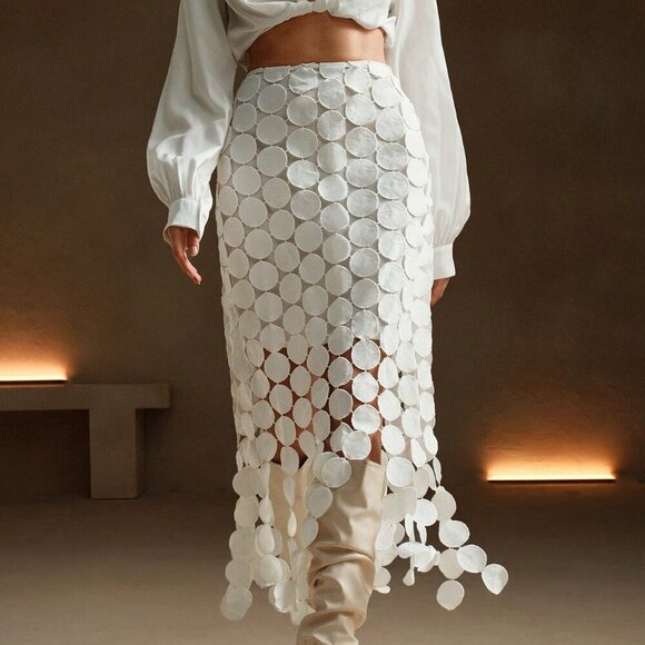 White Casual Women's Laser Cut Multi Circle Double Layered Skirt - Picture 5 of 7
